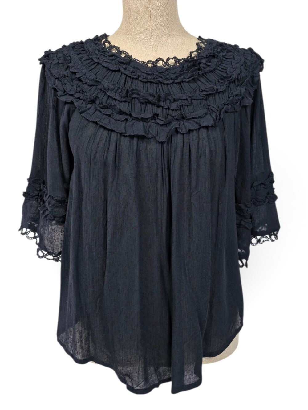 By Anthropologie Ruffled Blouse XXS Black Lace Trim Boho Peasant Top NWT